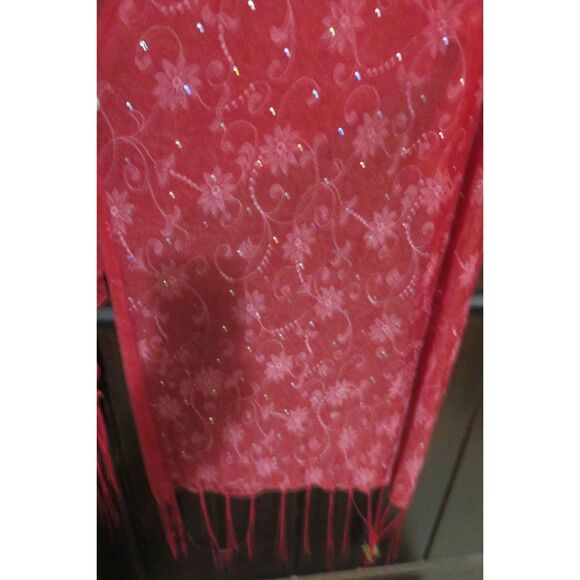 Vintage Red Wine Burgundy Floral Pattern with Sequins Scarf Shawl Wrap Boho - Picture 2 of 4